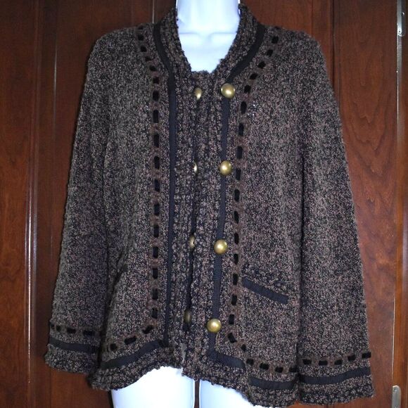 BCBGMaxAzria Wool Blend Tweed Jacket Women’s Size L Brown Gold Buttons - Picture 8 of 14